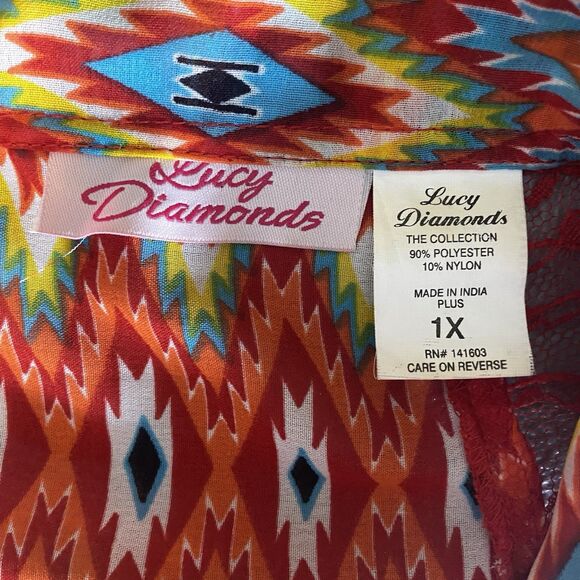Lucy Diamonds Blouse Womens 1X Aztec Sheer Red Lace Shoulder Bright Multicolor - Picture 4 of 8